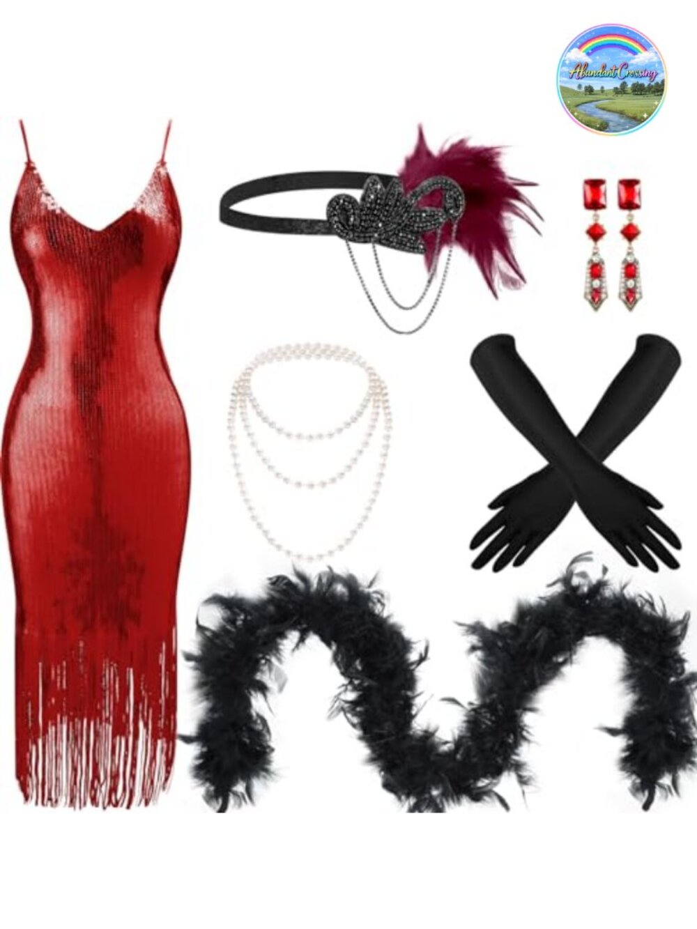 1920s Flapper Sequin Dress Costume Set with Feather Boa Gloves Jewelry